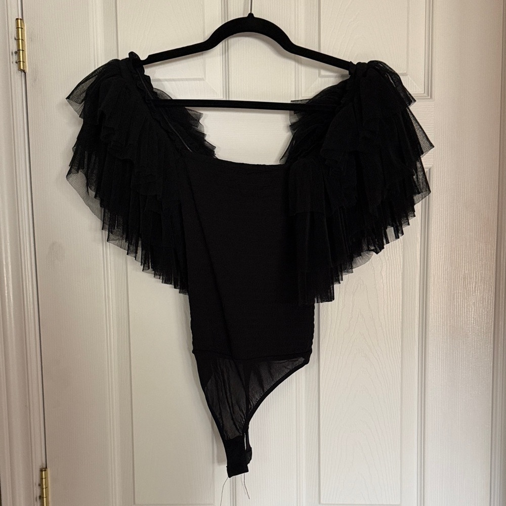 Free people Black Ruffled Mesh Bodysuit - never worn